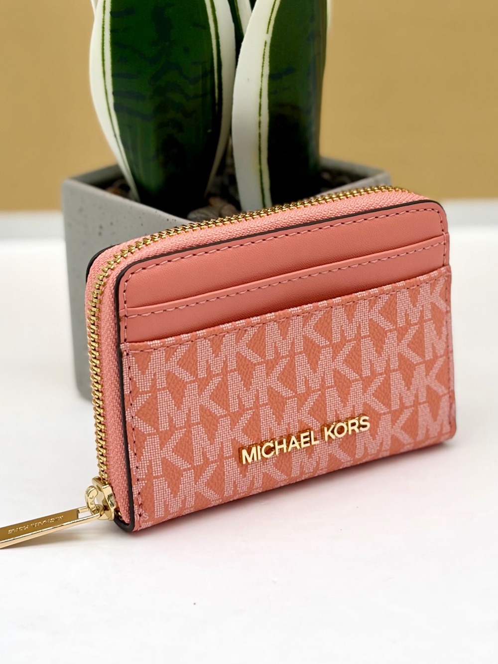Michael Kors Coral Pink Logo Zip Card Wallet with Gold Hardware